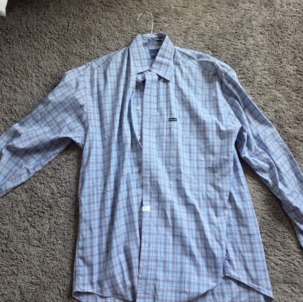 Faconnable Men's Light Blue and Pink Plaid Shirt